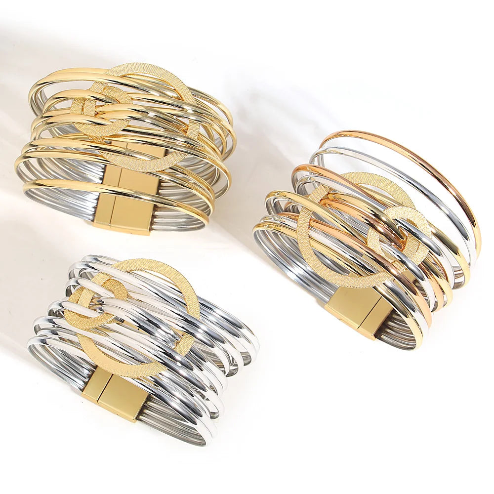 Evalia bracelet, silver and gold mix, wide, leather, with a glossy look - Glamour Collection