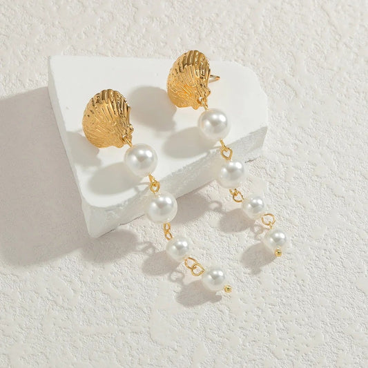 Elvia Earrings, Gold, Long, with Pearls, Stainless Steel - Universe of Pearls Collection