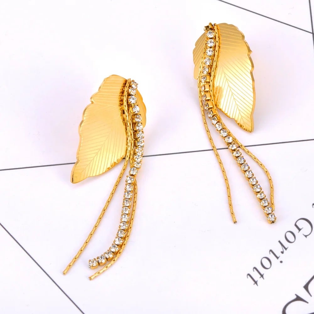 Havena Earrings, gold, long, leaf-shaped, 18K gold-plated stainless steel - Parisian Collection