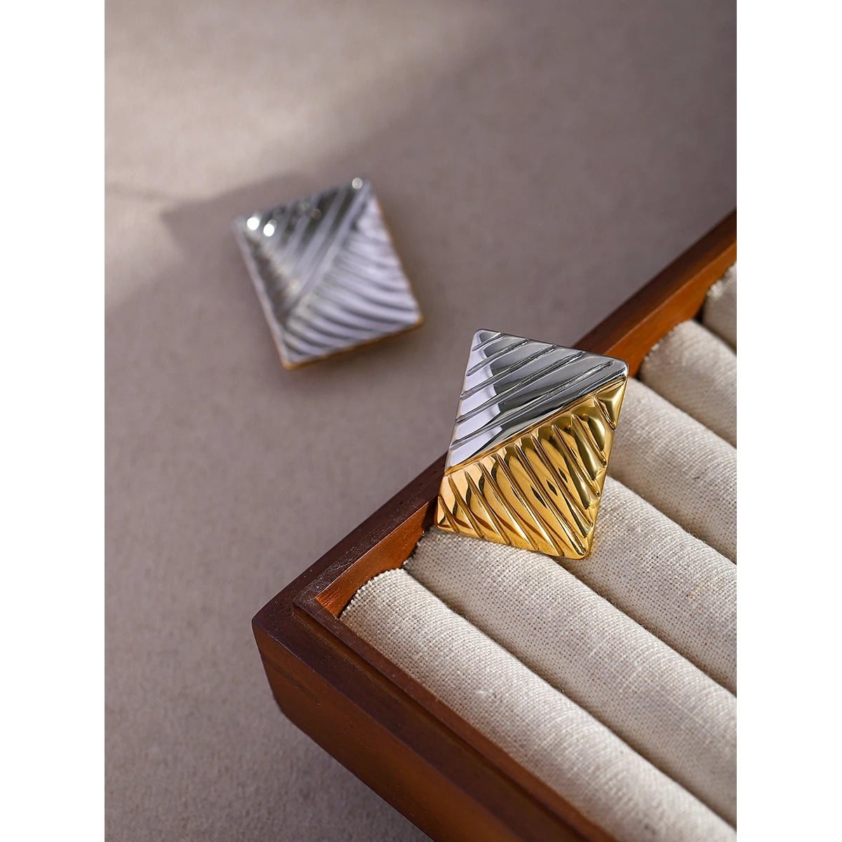 Talia Rectangular Earrings, Gold and Silver Mix, Vintage Style, 18K Gold Plated Stainless Steel - Glamour Collection