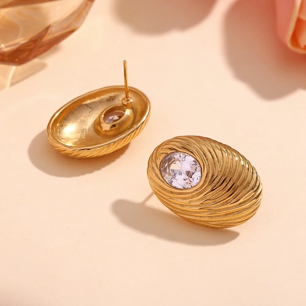 Alexandra earrings, gold, oval, with zirconia, made of 18K gold-plated stainless steel, nest design - Glamour Collection