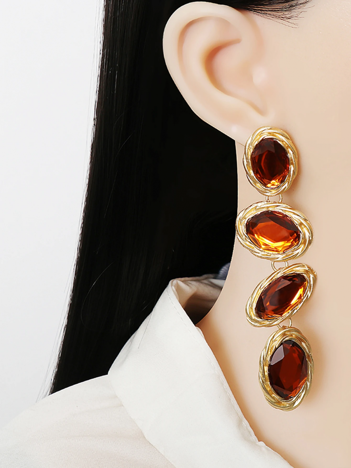 Cercei Milani, lungi, portocalii, cu pietre si montura aurie