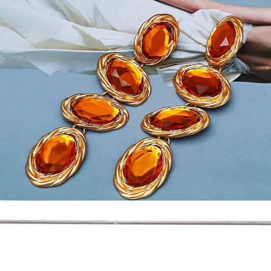 Cercei Milani, lungi, portocalii, cu pietre si montura aurie