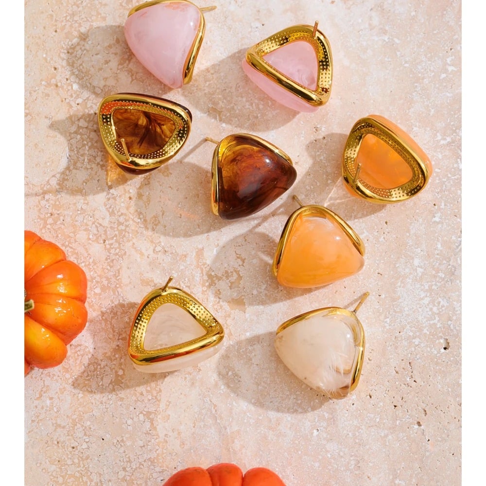Amber Earrings, Gold, Triangular, Made of 18K Gold-Plated Stainless Steel