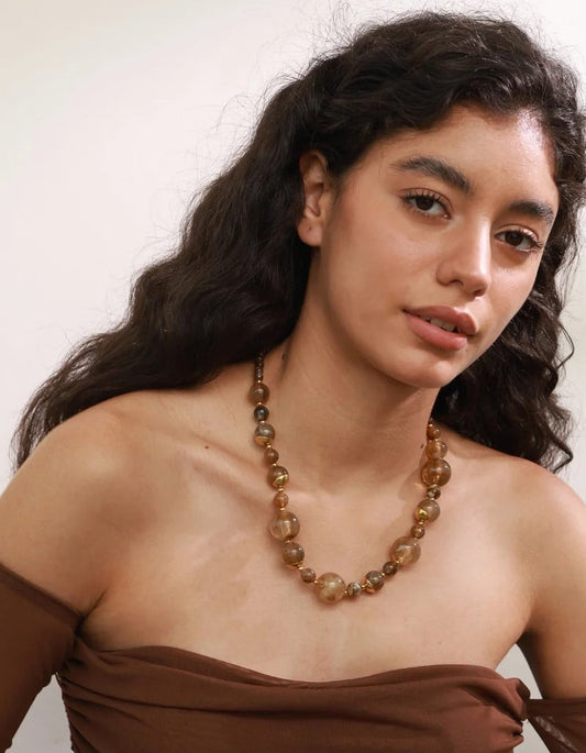 Colier Gemma, handmade, cu margele si montura aurie, din otel inoxidabil placat cu aur 18K