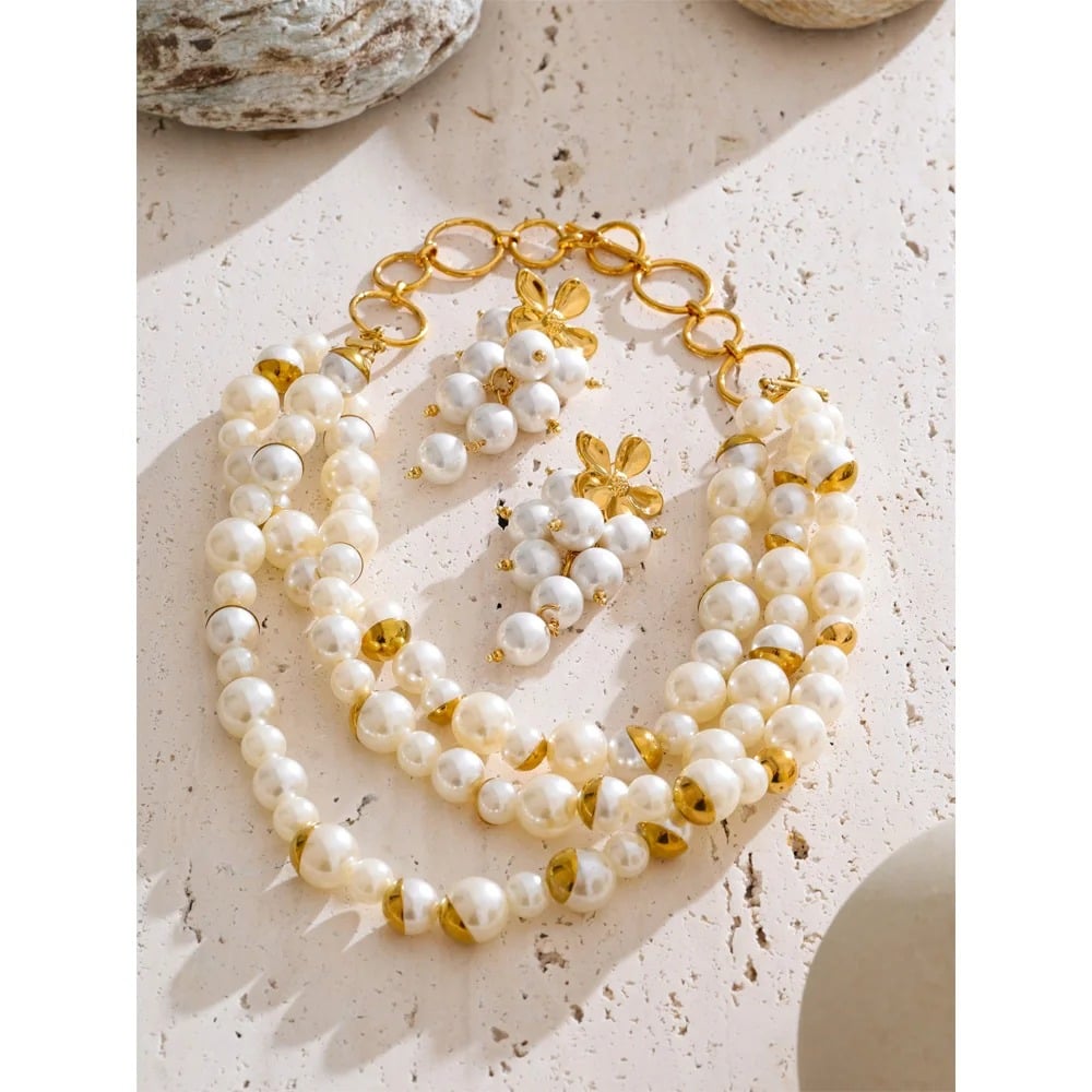 Myia Statement Necklace, Gold, with Pearls, 18K Gold Plated Stainless Steel - Universe of Pearls Collection