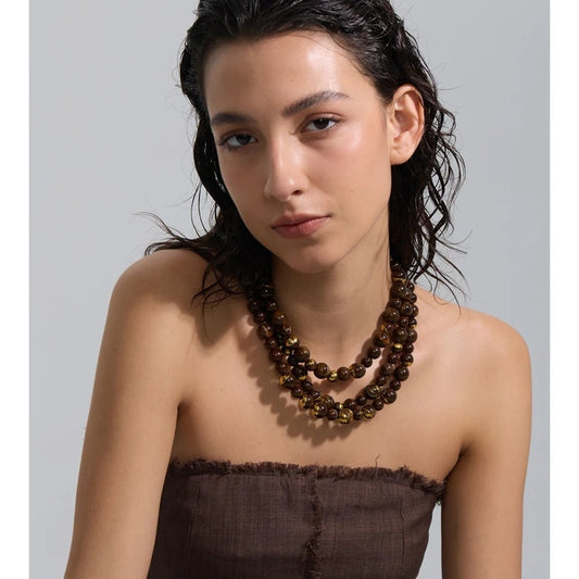 Colier Myia, auriu, cu margele verzi, din otel inoxidabil placat cu aur 18K