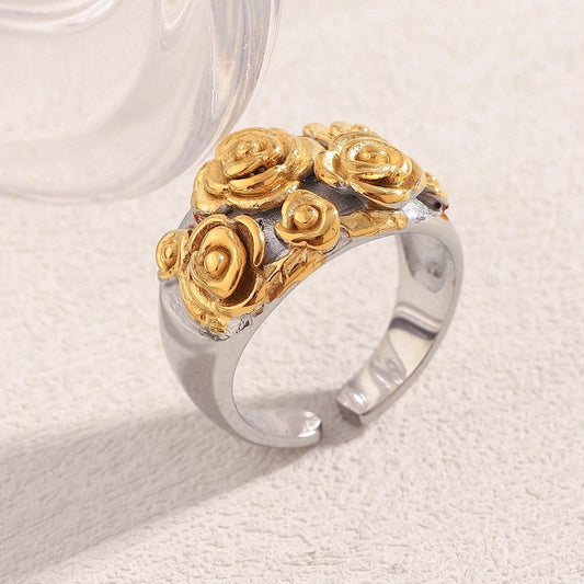 Inel Rosalin, mix auriu cu argintiu, cu model floral, din otel inoxidabil placat cu aur 18K, reglabil
