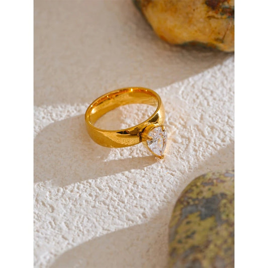 Inel Selia, auriu, tip verigheta, cu piatra, din otel inoxidabil placat cu aur 18K