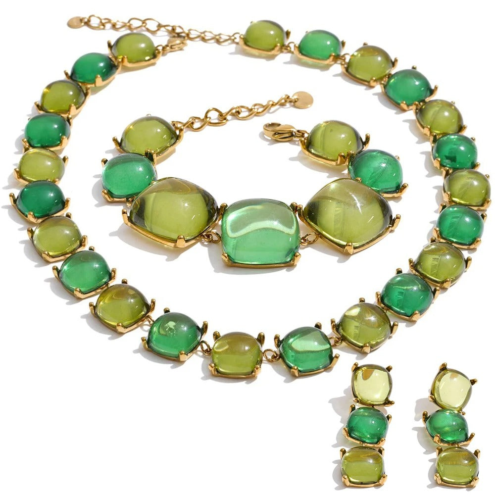 Set Aurelia, auriu, cu pietre mari patrate, din otel inoxidabil placat cu aur 18K