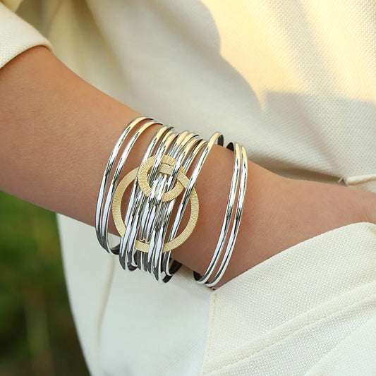 Evalia bracelet, silver and gold mix, wide, leather, with a glossy look - Glamour Collection