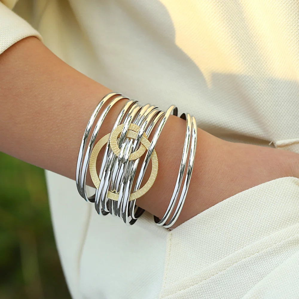 Evalia bracelet, silver and gold mix, wide, leather, with a glossy look - Glamour Collection