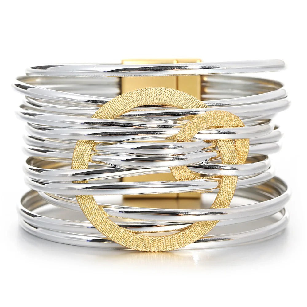 Evalia bracelet, silver and gold mix, wide, leather, with a glossy look - Glamour Collection