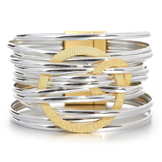 Evalia bracelet, silver and gold mix, wide, leather, with a glossy look - Glamour Collection