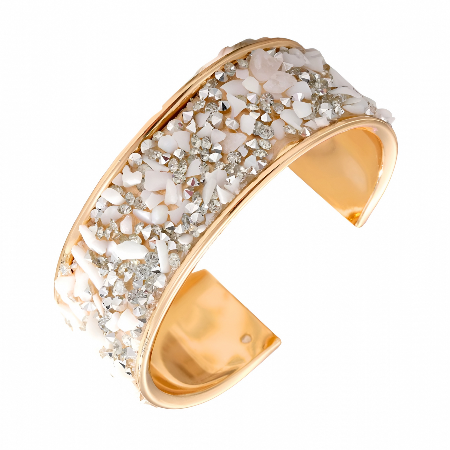 Bratara Amarilla, aurie, tip cuff, cu cristale albe si pietre argintii, reglabila