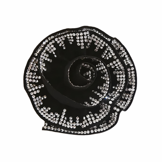 Brosa Janais, neagra, cu pietre argintii, in forma de floare, din material textil