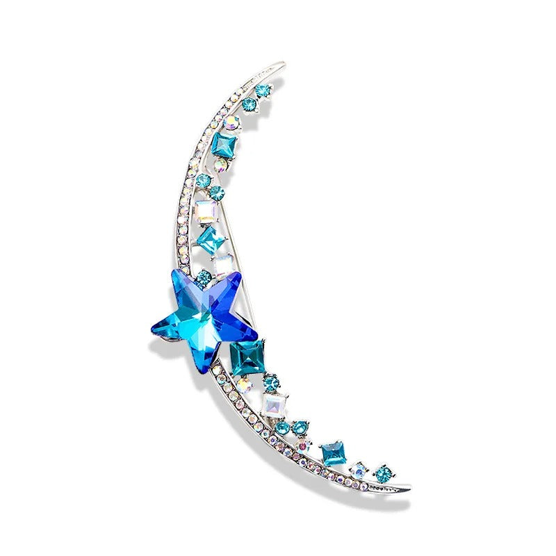 Brosa Moon Star, albastra, cu montura argintie, decorata cu zirconiu