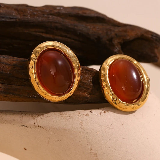Cercei Dallida, in stil vintage, cu pietre rosii, din otel inoxidabil placat cu aur 18K
