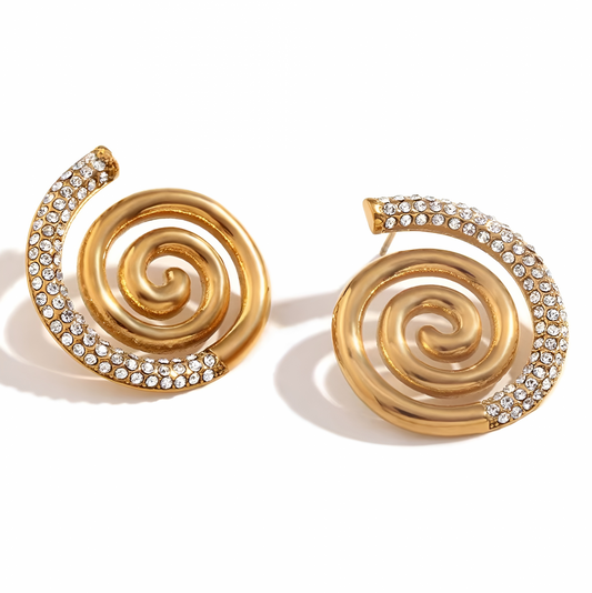 Cercei Emberlie, aurii, cu zirconiu, in forma de spirala, din otel inoxidabil placat cu aur 18K