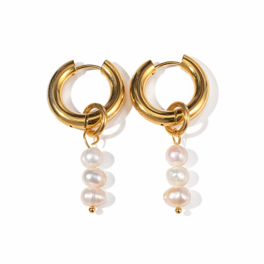 Cercei Gaia, aurii, lungi, din otel inoxidabil si perle naturale de cultura, placati cu aur 18K - Colectia Universe of Pearls