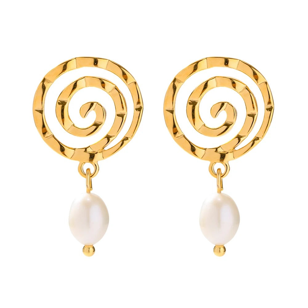 Cercei Lisa, aurii, cu model spirala, din otel inoxidabil si perle naturale de cultura, placati cu aur 18K - Colectia Universe of Pearls