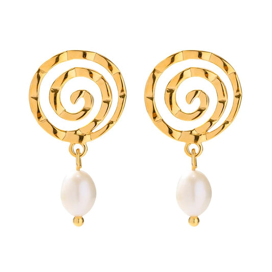 Cercei Lisa, aurii, cu model spirala, din otel inoxidabil si perle naturale de cultura, placati cu aur 18K - Colectia Universe of Pearls