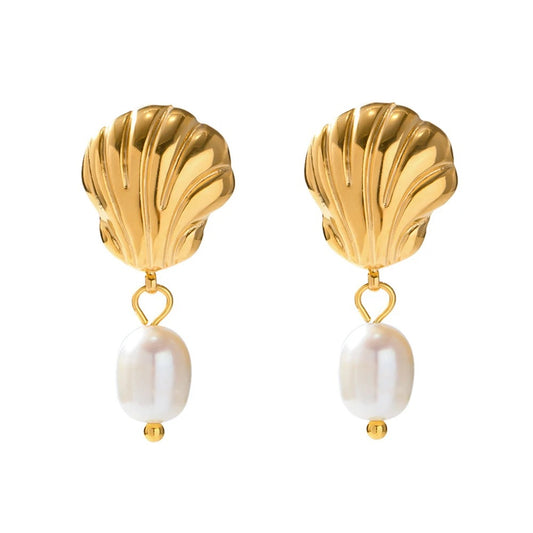 Cercei Davina, aurii, din otel inoxidabil si perle naturale de cultura, placati cu aur 18K, model scoica - Colectia Universe of Pearls