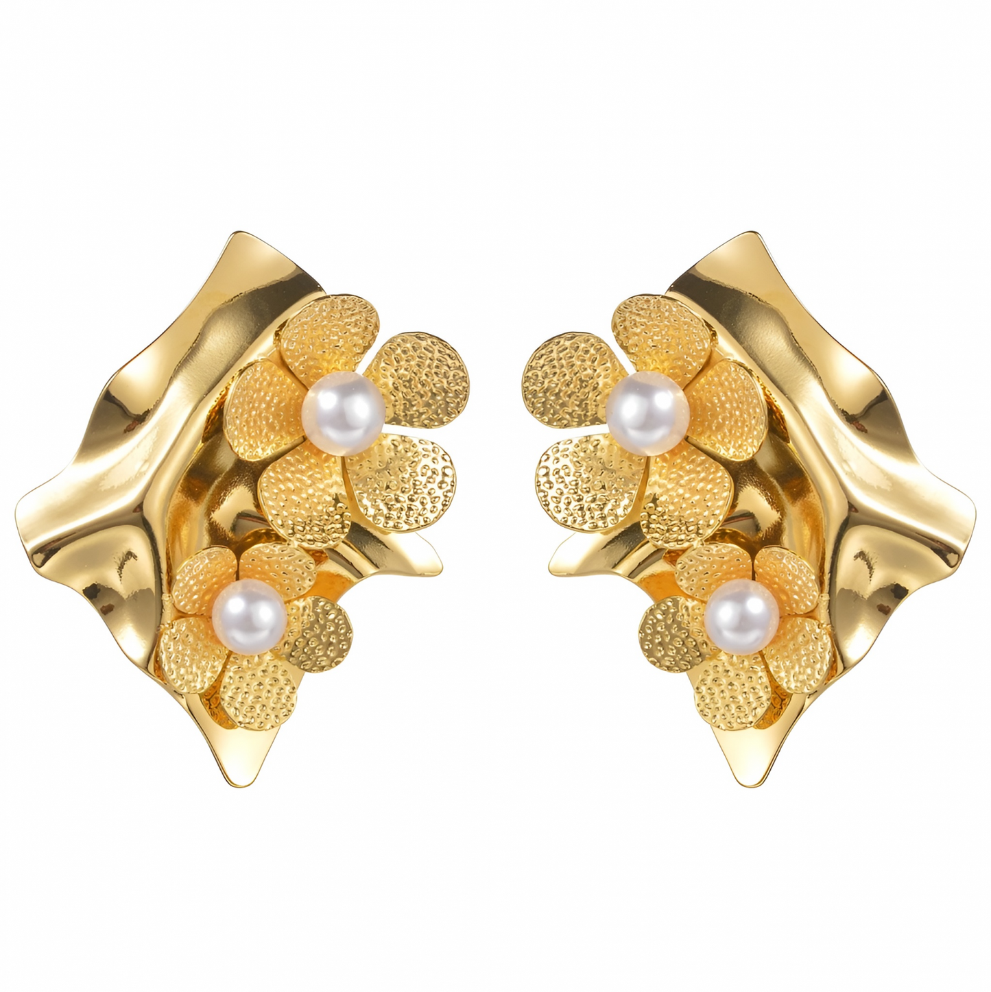 Cercei Crisa, aurii, cu perle, din otel inoxidabil, in forma de romb - Colectia Universe of Pearls