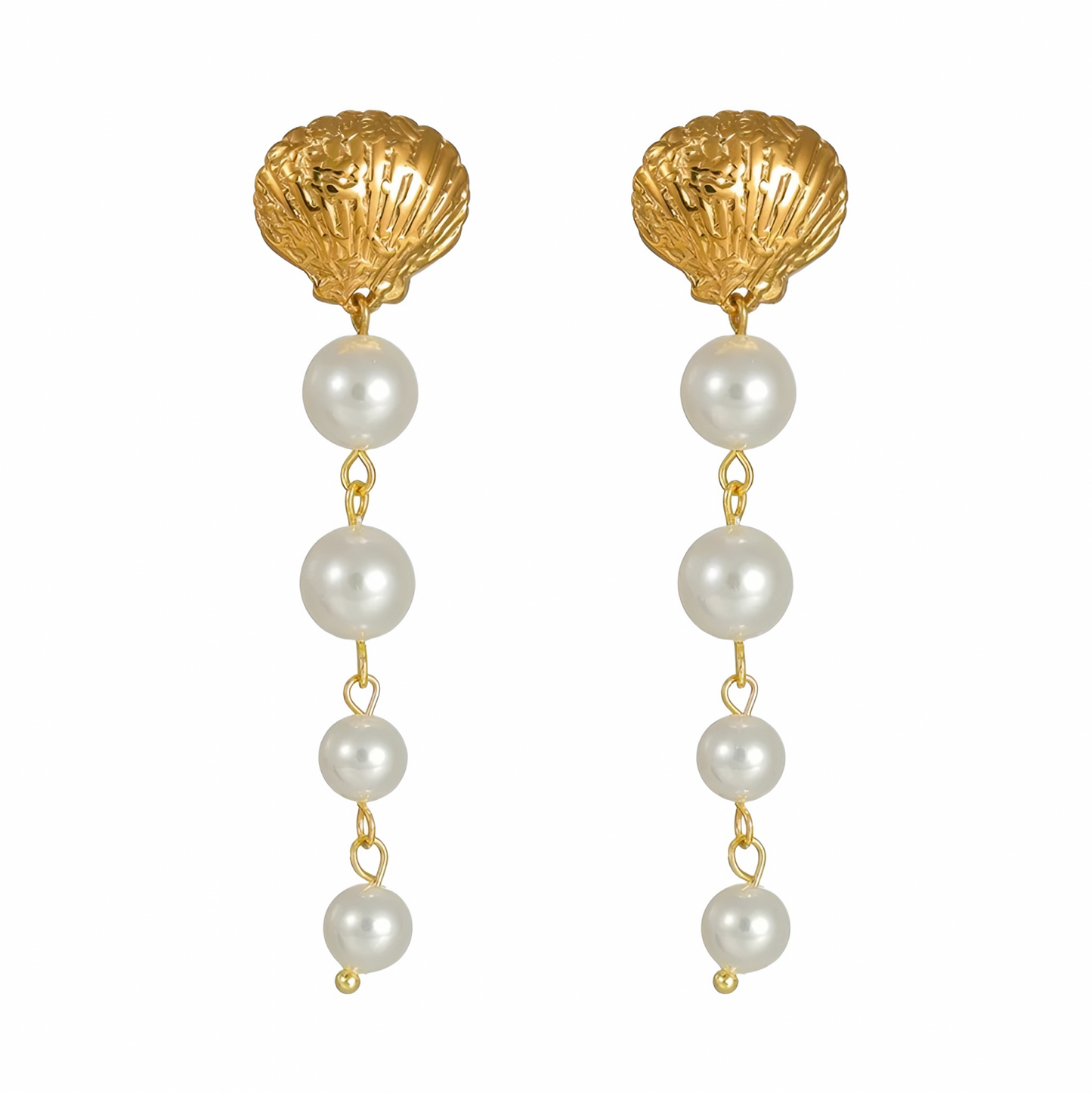 Elvia Earrings, Gold, Long, with Pearls, Stainless Steel - Universe of Pearls Collection