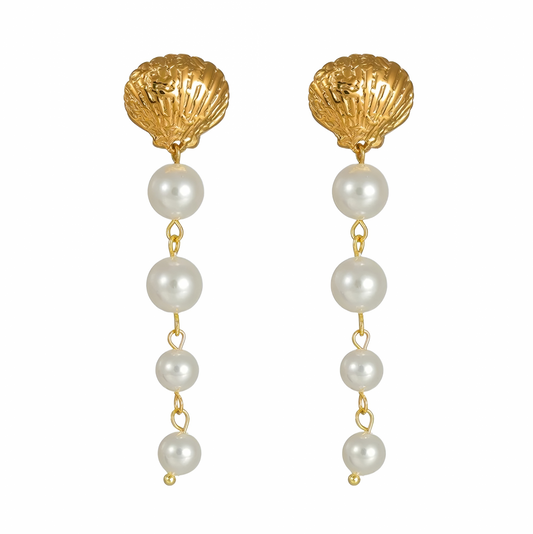 Elvia Earrings, Gold, Long, with Pearls, Stainless Steel - Universe of Pearls Collection