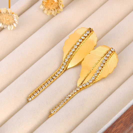 Havena Earrings, gold, long, leaf-shaped, 18K gold-plated stainless steel - Parisian Collection