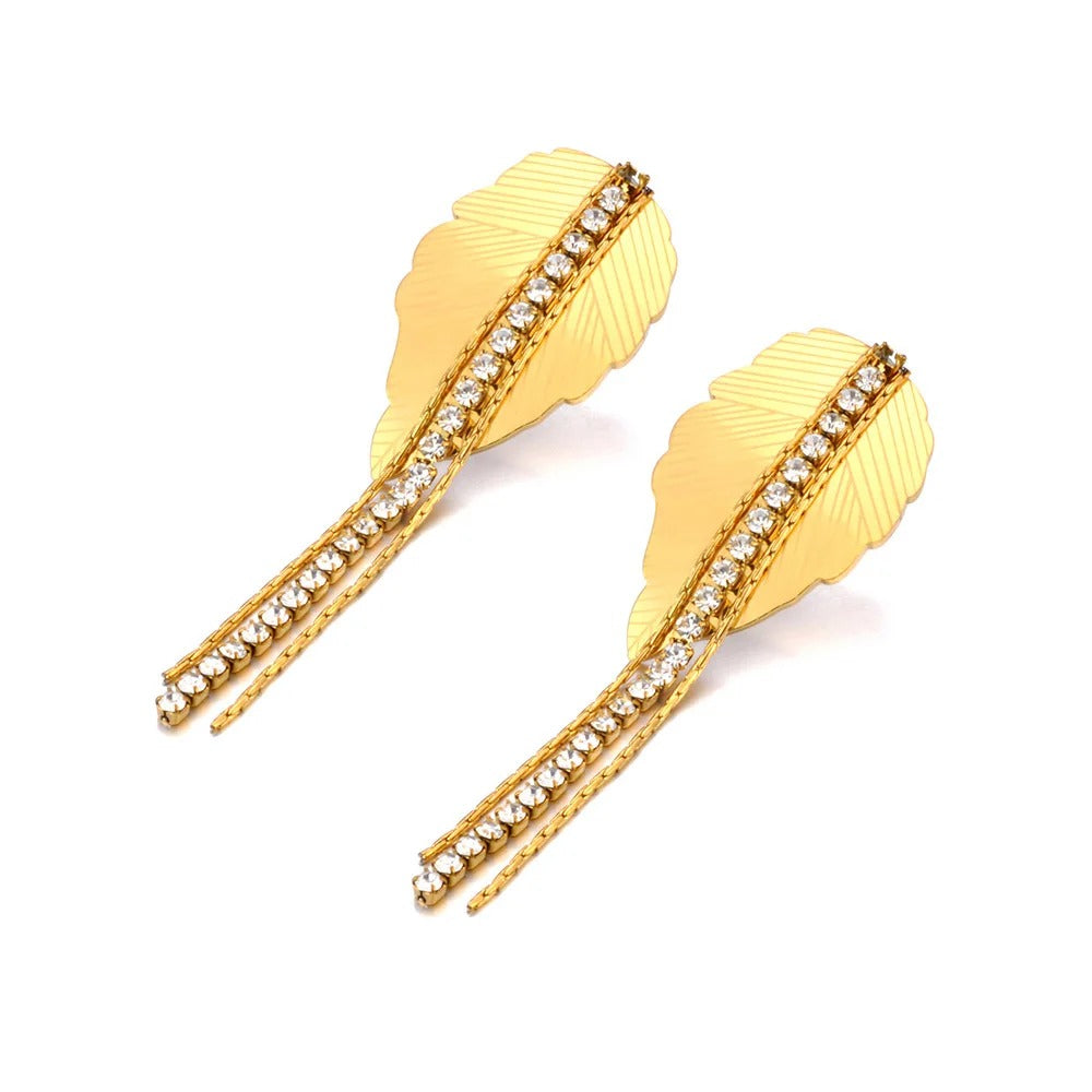 Havena Earrings, gold, long, leaf-shaped, 18K gold-plated stainless steel - Parisian Collection
