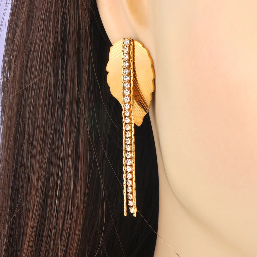 Havena Earrings, gold, long, leaf-shaped, 18K gold-plated stainless steel - Parisian Collection