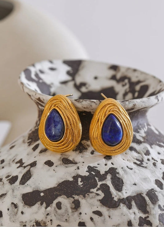 Cercei Junnia, aurii, in forma de lacrima, cu lapis lazuli, din otel inoxidabil placat cu aur 18K