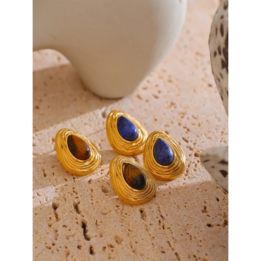 Cercei Junnia, aurii, in forma de lacrima, cu lapis lazuli, din otel inoxidabil placat cu aur 18K