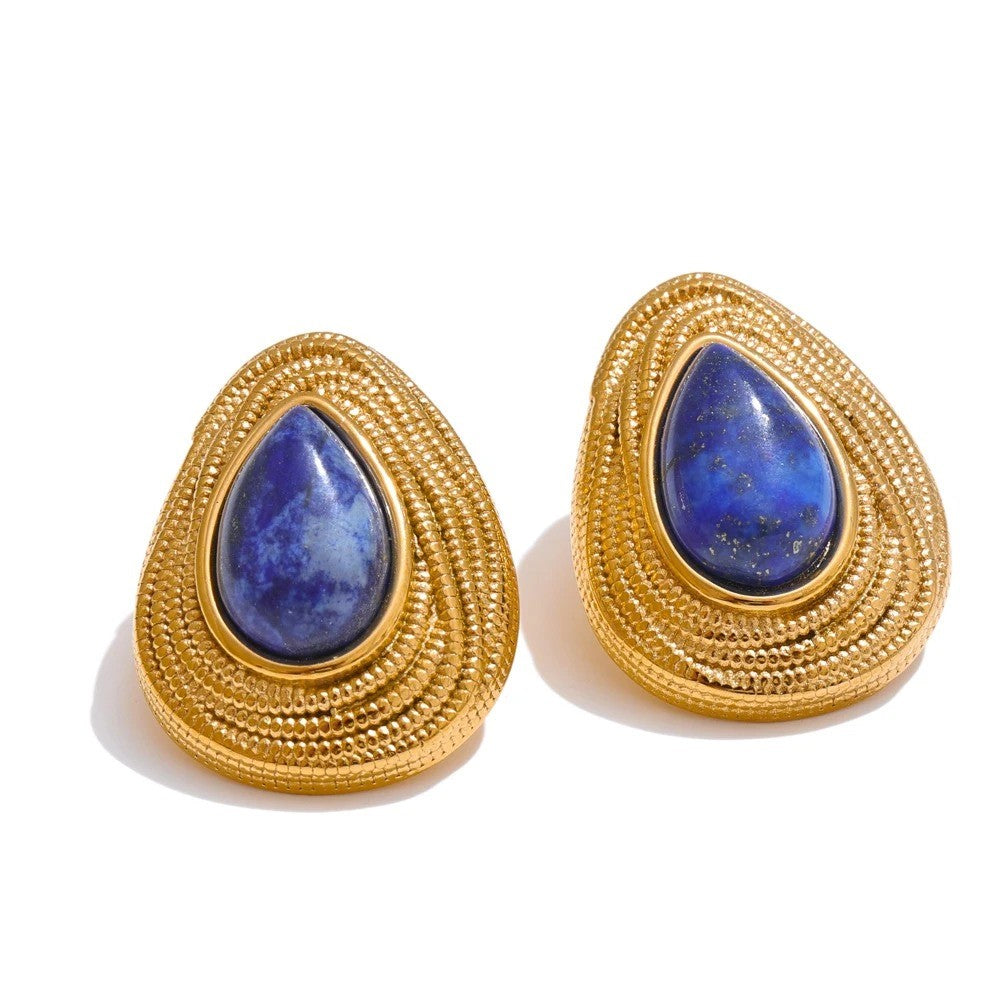 Cercei Junnia, aurii, in forma de lacrima, cu lapis lazuli, din otel inoxidabil placat cu aur 18K