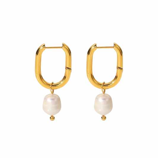 Cercei Carter, aurii, in forma de U, din otel inoxidabil si perle naturale de cultura, placati cu aur 18K - Colectia Universe of Pearls