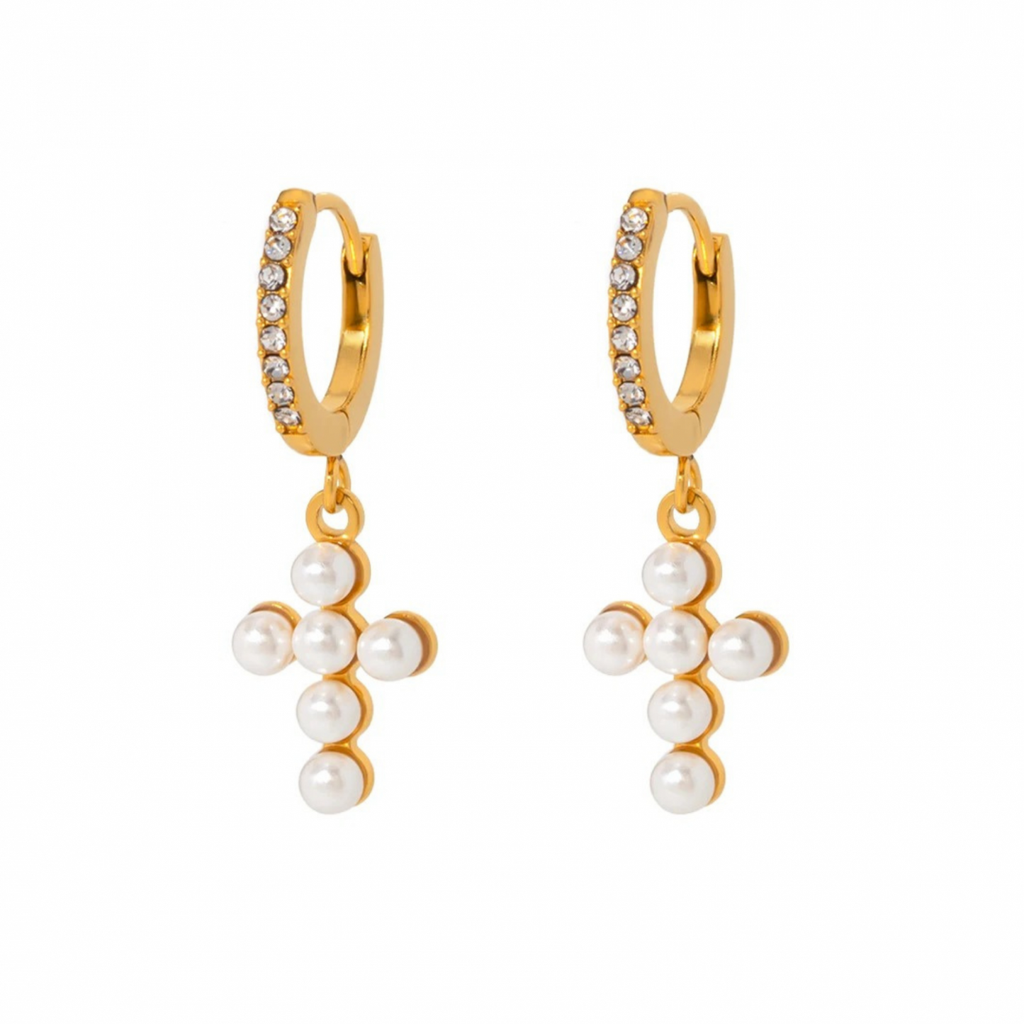Cercei Maryam, aurii, in forma de cruce, din otel inoxidabil, perle naturale de cultura si zirconiu, placati cu aur 18K - Colectia Universe of Pearls
