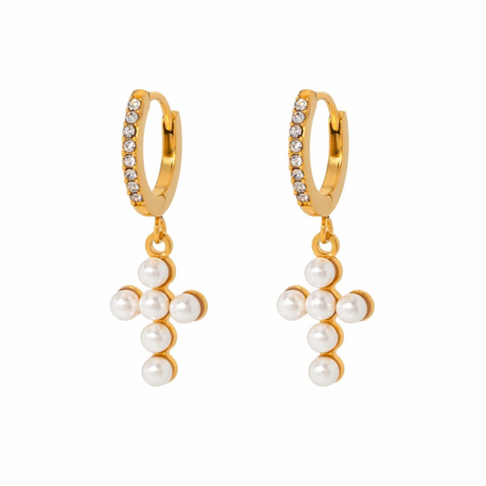 Cercei Maryam, aurii, in forma de cruce, din otel inoxidabil, perle naturale de cultura si zirconiu, placati cu aur 18K - Colectia Universe of Pearls