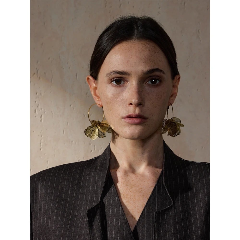 Macy Earrings, gold, long, 18K gold plated stainless steel, with floral design - Floral Paradise Collection