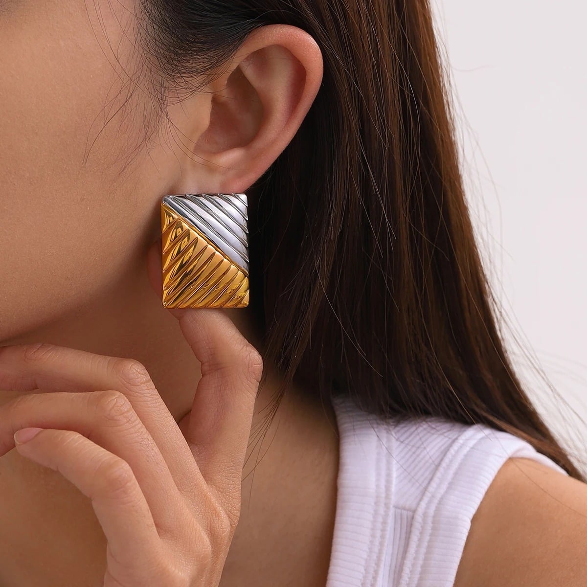 Talia Rectangular Earrings, Gold and Silver Mix, Vintage Style, 18K Gold Plated Stainless Steel - Glamour Collection