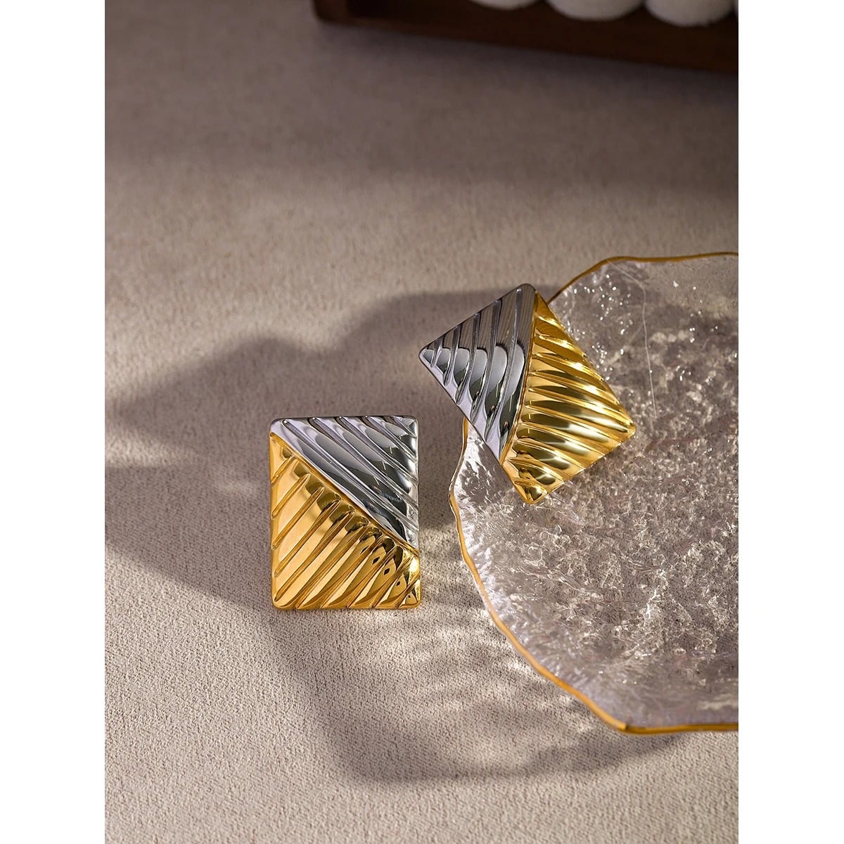 Talia Rectangular Earrings, Gold and Silver Mix, Vintage Style, 18K Gold Plated Stainless Steel - Glamour Collection