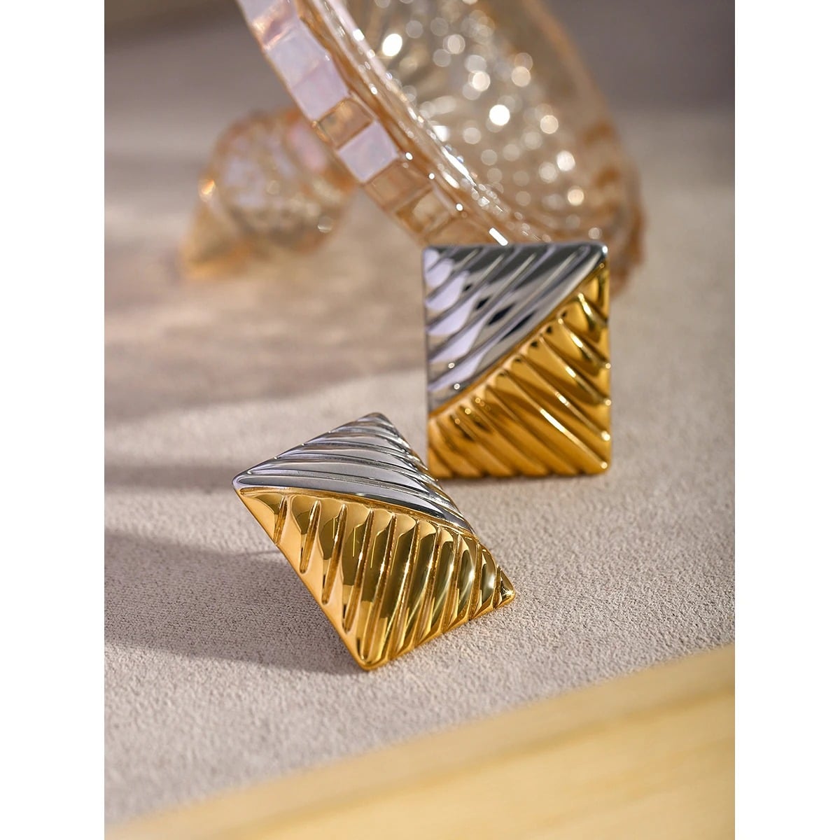 Talia Rectangular Earrings, Gold and Silver Mix, Vintage Style, 18K Gold Plated Stainless Steel - Glamour Collection