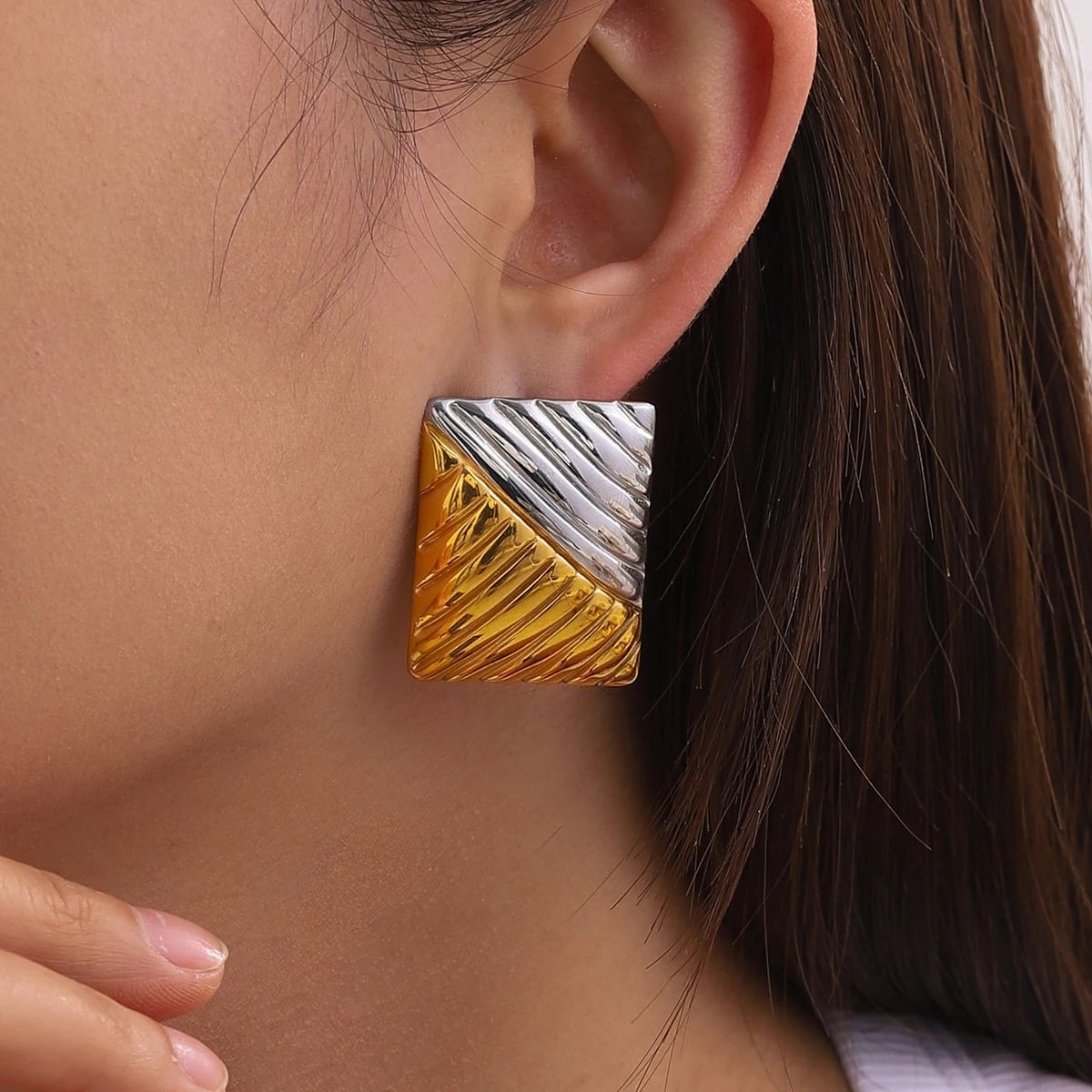 Talia Rectangular Earrings, Gold and Silver Mix, Vintage Style, 18K Gold Plated Stainless Steel - Glamour Collection