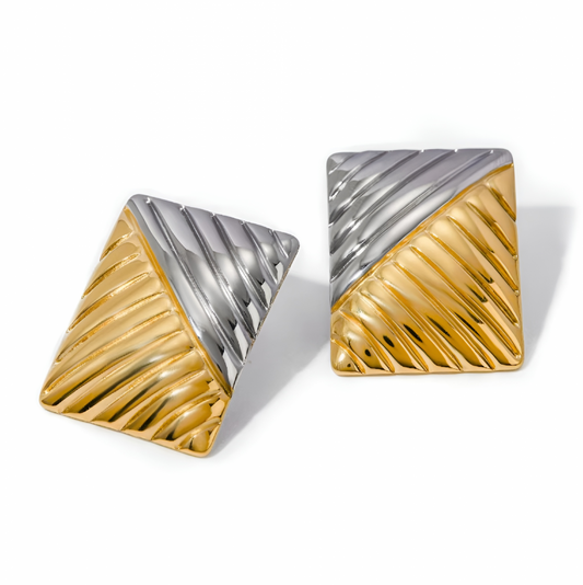 Talia Rectangular Earrings, Gold and Silver Mix, Vintage Style, 18K Gold Plated Stainless Steel - Glamour Collection