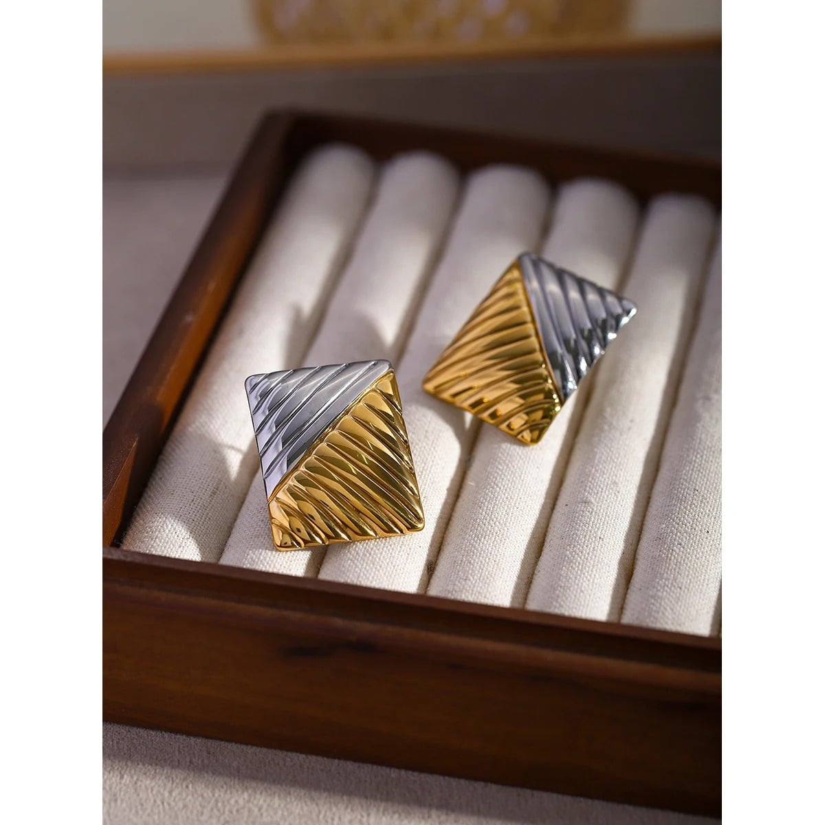 Talia Rectangular Earrings, Gold and Silver Mix, Vintage Style, 18K Gold Plated Stainless Steel - Glamour Collection