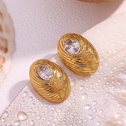 Alexandra earrings, gold, oval, with zirconia, made of 18K gold-plated stainless steel, nest design - Glamour Collection