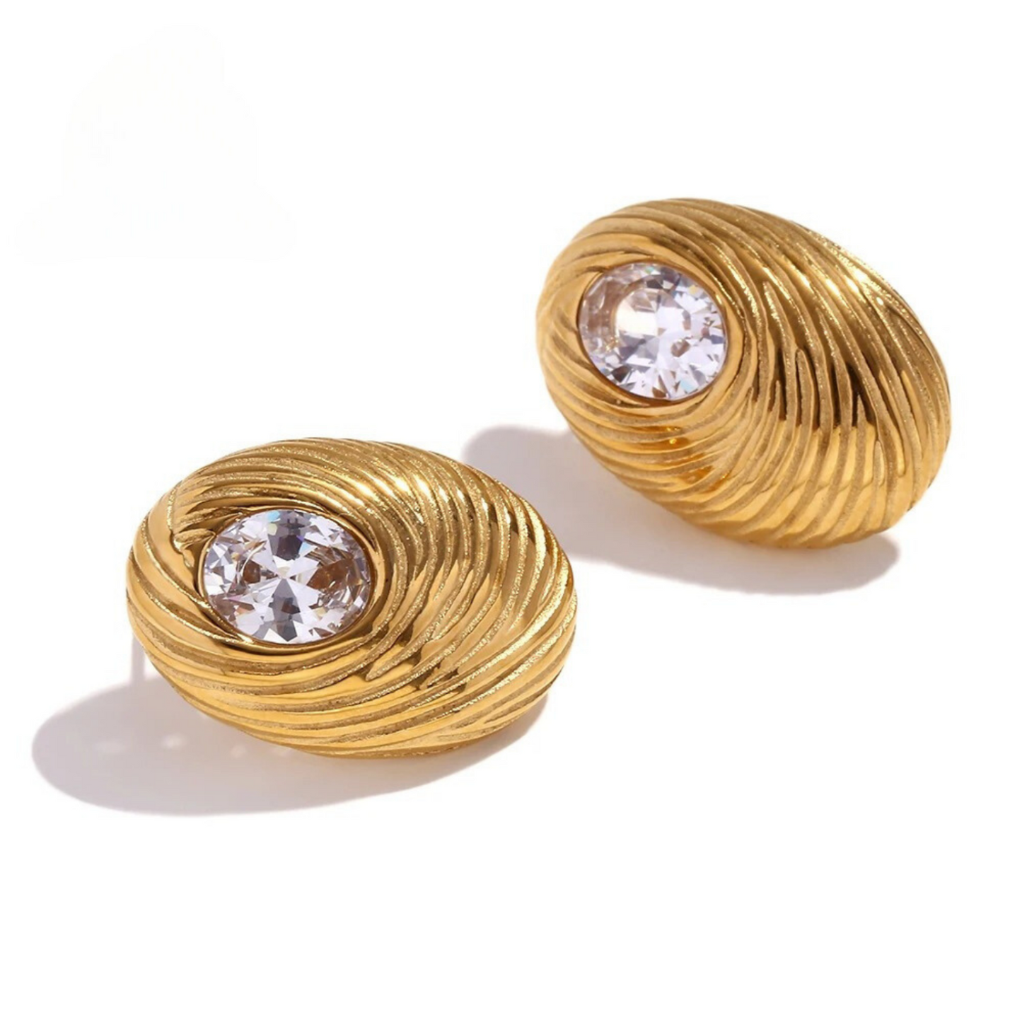 Alexandra earrings, gold, oval, with zirconia, made of 18K gold-plated stainless steel, nest design - Glamour Collection