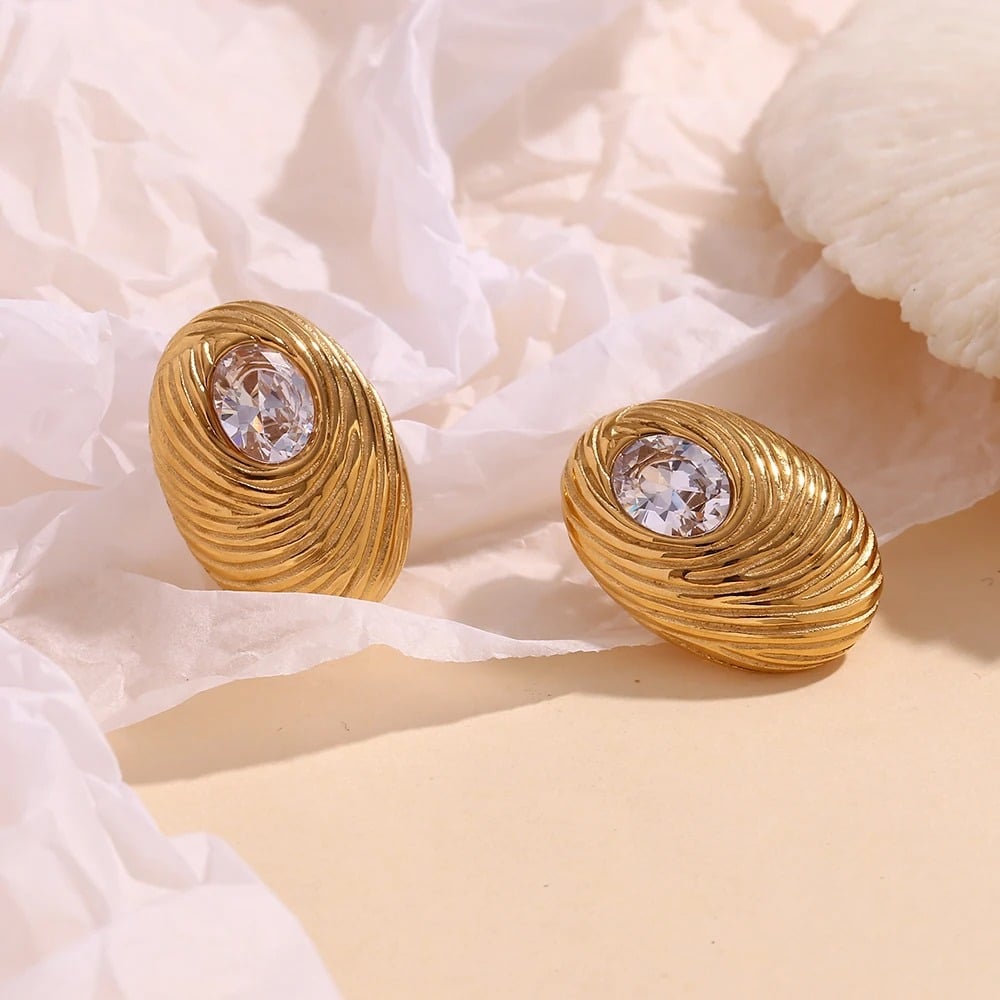 Alexandra earrings, gold, oval, with zirconia, made of 18K gold-plated stainless steel, nest design - Glamour Collection