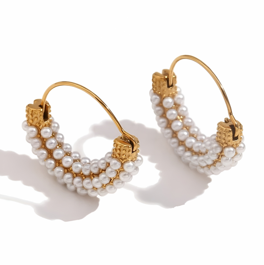 Sherry Round Gold Pearl Earrings, 18K Gold Plated Stainless Steel - Universe of Pearls Collection